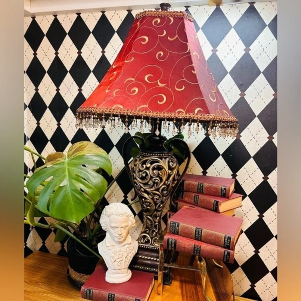 Moody Vintage Table Lamp‎ with Deep Burgundy Shade| Ornate Baroque Decor